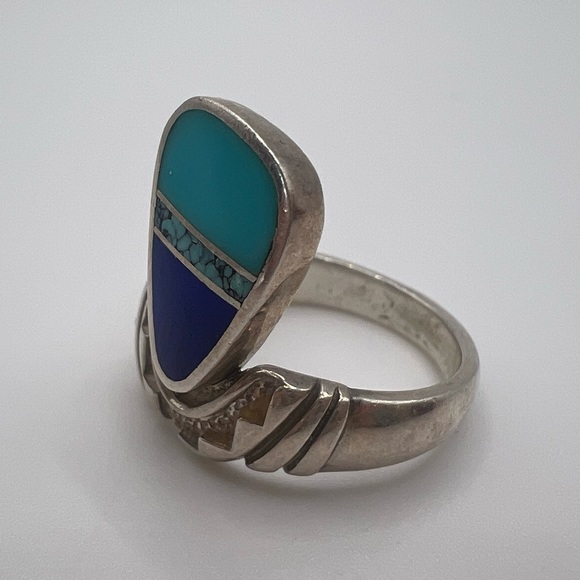 Vintage Turquoise & Lapis Lazuli Sterling Silver 925 Ring, Size 6.5 - Picture 2 of 5